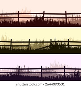Meadow silhouettes with grass and old wooden fence. Countryside, panoramic summer lawn rural landscape with herbs, weeds. Herbal border, frame element. Brown horizontal banners. Vector illustration