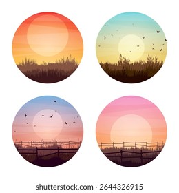 Meadow silhouettes with grass and old wooden fence. Countryside, round panoramic summer lawn rural landscape with herbs, weeds. Agriculture and farming. Summer sunset in nature. Vector illustration