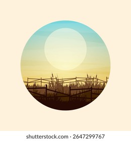 Silhuetas de prado com grama e velha cerca de madeira. Campo, jardim panorâmico de verão redondo paisagem rural com ervas, ervas daninhas. Agricultura e agricultura. Pôr do sol de verão na natureza. Ilustração vetorial