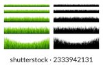 Meadow silhouettes with grass, plants on plain. Green and black panoramic summer lawn landscape with herbs, various weeds. Herbal border, frame element. Horizontal banners. Vector illustration