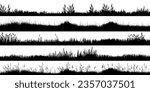 Meadow silhouettes with grass, plants on plain. Panoramic summer lawn landscape with herbs, various weeds. Herbal border, frame element. Black horizontal banners. Vector illustration