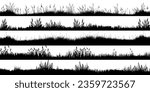 Meadow silhouettes with grass, plants on plain. Panoramic summer lawn landscape with herbs, various weeds. Herbal border, frame element. Black horizontal banners. Vector illustration