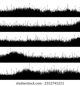 Siluetas praderas con hierba, plantas en llanura. Paisaje de césped de verano con hierbas aromáticas, hierbas diversas. Borde herbal, elemento de marco. Banderas horizontales negras. Ilustración del vector