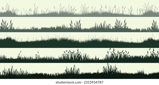 Meadow silhouettes with grass, plants on plain. Panoramic summer lawn landscape with herbs, various weeds. Herbal border, frame element. Green horizontal banners. Vector illustration