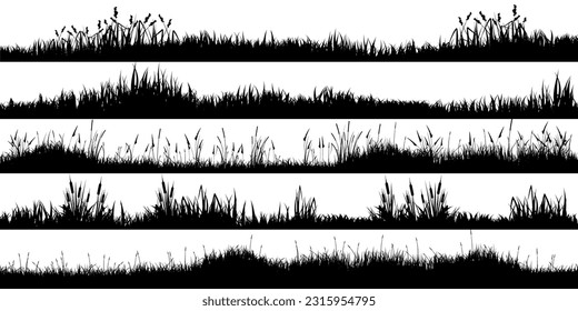 Meadow silhouettes with grass, plants on plain. Panoramic summer lawn landscape with herbs, various weeds. Herbal border, frame element. Black horizontal banners. Vector illustration