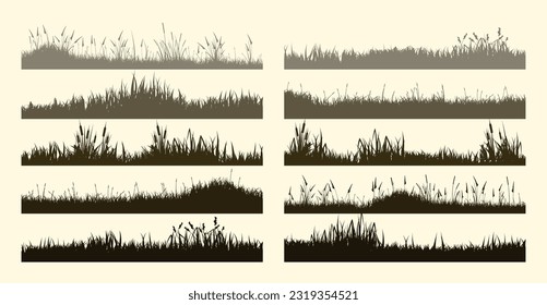 Meadow silhouettes with grass, plants on plain. Panoramic summer lawn landscape with herbs, various weeds. Herbal border, frame element. Brown horizontal banners. Vector illustration