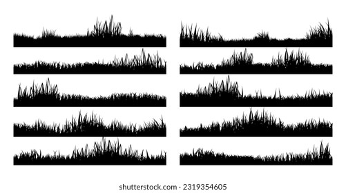 Meadow silhouettes with grass, plants on plain. Panoramic summer lawn landscape with herbs, various weeds. Herbal border, frame element. Black horizontal banners. Vector illustration