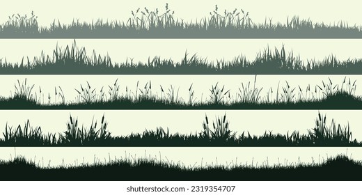 Meadow silhouettes with grass, plants on plain. Panoramic summer lawn landscape with herbs, various weeds. Herbal border, frame element. Green horizontal banners. Vector illustration