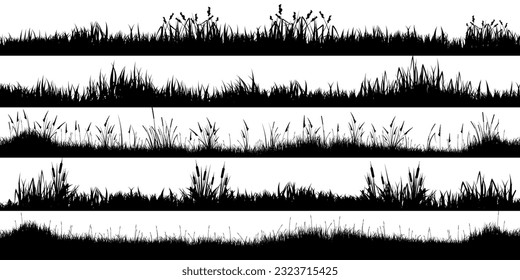 Weidensilhouetten mit Gras, Pflanzen auf der Ebene. Panorama Sommerrasenlandschaft mit Kräutern, Unkraut. Kräutergrenze, Rahmenelement. Schwarze horizontale Banner. Vektorgrafik