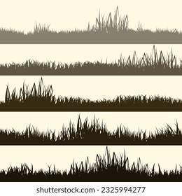 Meadow silhouettes with grass, plants on plain. Panoramic summer lawn landscape with herbs, various weeds. Herbal border, frame element. Brown horizontal banners. Vector illustration
