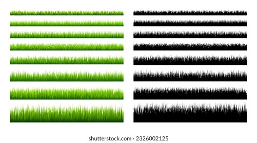 Weidensilhouetten mit Gras, Pflanzen auf der Ebene. Grüne und schwarze Panorama-Sommerrasenlandschaft mit Kräutern, Unkraut. Kräutergrenze, Rahmenelement. Horizontale Banner. Vektorgrafik