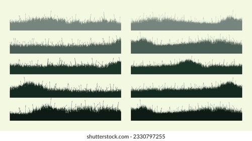 Meadow silhouettes with grass, plants on plain. Panoramic summer lawn landscape with herbs, various weeds. Herbal border, frame element. Green horizontal banners. Vector illustration