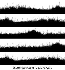 Meadow silhouettes with grass, plants on plain. Panoramic summer lawn landscape with herbs, various weeds. Herbal border, frame element. Black horizontal banners. Vector illustration