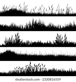 Meadow silhouettes with grass, plants on plain. Panoramic summer lawn landscape with herbs, various weeds. Herbal border, frame element. Black horizontal banners. Vector illustration