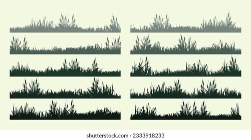 Meadow silhouettes with grass, plants on plain. Panoramic summer lawn landscape with herbs, various weeds. Herbal border, frame element. Green horizontal banners. Vector illustration