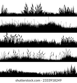 Meadow silhouettes with grass, plants on plain. Panoramic summer lawn landscape with herbs, various weeds. Herbal border, frame element. Black horizontal banners. Vector illustration