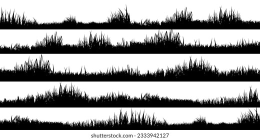 Meadow silhouettes with grass, plants on plain. Panoramic summer lawn landscape with herbs, various weeds. Herbal border, frame element. Black horizontal banners. Vector illustration