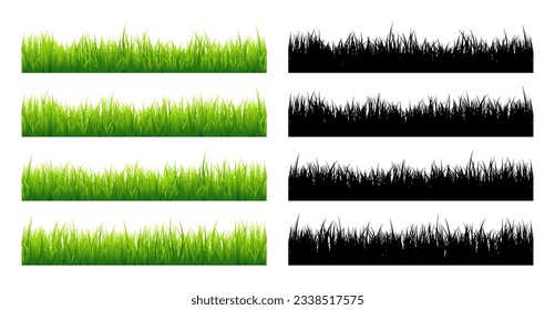 Meadow silhouettes with grass, plants on plain. Green and black panoramic summer lawn landscape with herbs, various weeds. Herbal border, frame element. Horizontal banners. Vector illustration