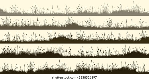 Meadow silhouettes with grass, plants on plain. Panoramic summer lawn landscape with herbs, various weeds. Herbal border, frame element. Brown horizontal banners. Vector illustration