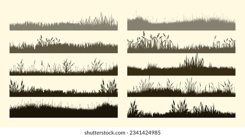 Meadow silhouettes with grass, plants on plain. Panoramic summer lawn landscape with herbs, various weeds. Herbal border, frame element. Brown horizontal banners. Vector illustration