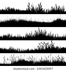 Meadow silhouettes with grass, plants on plain. Panoramic summer lawn landscape with herbs, various weeds. Herbal border, frame element. Black horizontal banners. Vector illustration