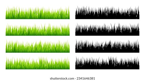 Meadow silhouettes with grass, plants on plain. Green and black panoramic summer lawn landscape with herbs, various weeds. Herbal border, frame element. Horizontal banners. Vector illustration