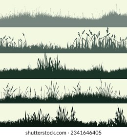 Meadow silhouettes with grass, plants on plain. Panoramic summer lawn landscape with herbs, various weeds. Herbal border, frame element. Green horizontal banners. Vector illustration