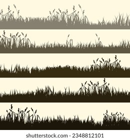 Meadow silhouettes with grass, plants on plain. Panoramic summer lawn landscape with herbs, various weeds. Herbal border, frame element. Brown horizontal banners. Vector illustration