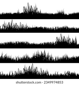 Meadow silhouettes with grass, plants on plain. Panoramic summer lawn landscape with herbs, various weeds. Herbal border, frame element. Black horizontal banners. Vector illustration