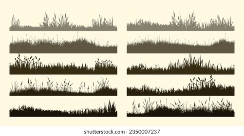 Meadow silhouettes with grass, plants on plain. Panoramic summer lawn landscape with herbs, various weeds. Herbal border, frame element. Brown horizontal banners. Vector illustration