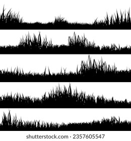 Meadow silhouettes with grass, plants on plain. Panoramic summer lawn landscape with herbs, various weeds. Herbal border, frame element. Black horizontal banners. Vector illustration