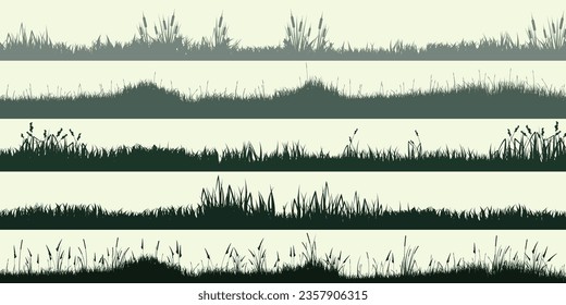 Meadow silhouettes with grass, plants on plain. Panoramic summer lawn landscape with herbs, various weeds. Herbal border, frame element. Green horizontal banners. Vector illustration