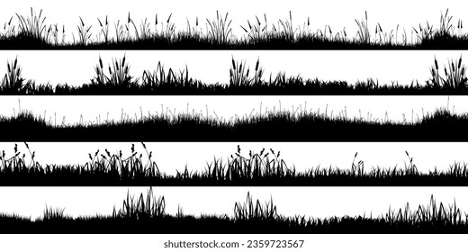Meadow silhouettes with grass, plants on plain. Panoramic summer lawn landscape with herbs, various weeds. Herbal border, frame element. Black horizontal banners. Vector illustration