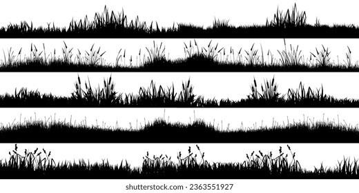 Meadow silhouettes with grass, plants on plain. Panoramic summer lawn landscape with herbs, various weeds. Herbal border, frame element. Black horizontal banners. Vector illustration