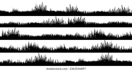 Meadow silhouettes with grass, plants on plain. Panoramic summer lawn landscape with herbs, various weeds. Herbal border, frame element. Black horizontal banners. Vector illustration