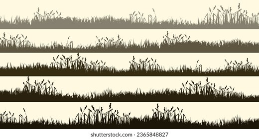 Siluetas praderas con hierba, plantas en llanura. Paisaje de césped de verano con hierbas aromáticas, hierbas diversas. Borde herbal, elemento de marco. Banderas horizontales marrones. Ilustración del vector