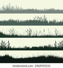 Meadow silhouettes with grass, plants on plain. Panoramic summer lawn landscape with herbs, various weeds. Herbal border, frame element. Green horizontal banners. Vector illustration