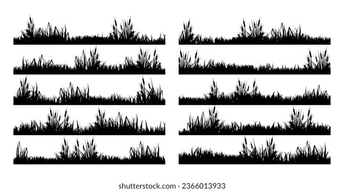 Meadow silhouettes with grass, plants on plain. Panoramic summer lawn landscape with herbs, various weeds. Herbal border, frame element. Black horizontal banners. Vector illustration