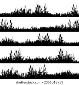Meadow silhouettes with grass, plants on plain. Panoramic summer lawn landscape with herbs, various weeds. Herbal border, frame element. Black horizontal banners. Vector illustration
