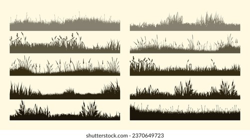 Meadow silhouettes with grass, plants on plain. Panoramic summer lawn landscape with herbs, various weeds. Herbal border, frame element. Brown horizontal banners. Vector illustration
