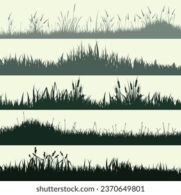 Meadow silhouettes with grass, plants on plain. Panoramic summer lawn landscape with herbs, various weeds. Herbal border, frame element. Green horizontal banners. Vector illustration