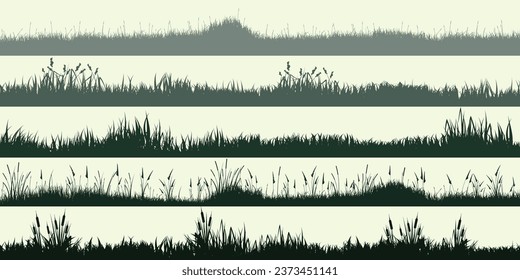 Meadow silhouettes with grass, plants on plain. Panoramic summer lawn landscape with herbs, various weeds. Herbal border, frame element. Green horizontal banners. Vector illustration