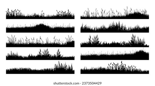 Meadow silhouettes with grass, plants on plain. Panoramic summer lawn landscape with herbs, various weeds. Herbal border, frame element. Black horizontal banners. Vector illustration