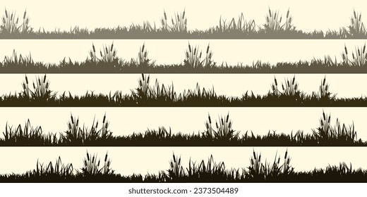 Weidensilhouetten mit Gras, Pflanzen auf der Ebene. Panorama Sommerrasenlandschaft mit Kräutern, Unkraut. Kräutergrenze, Rahmenelement. Braune horizontale Banner. Vektorgrafik