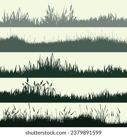 Meadow silhouettes with grass, plants on plain. Panoramic summer lawn landscape with herbs, various weeds. Herbal border, frame element. Green horizontal banners. Vector illustration