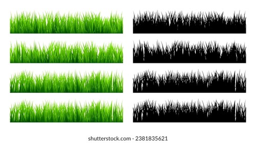 Meadow silhouettes with grass, plants on plain. Green and black panoramic summer lawn landscape with herbs, various weeds. Herbal border, frame element. Horizontal banners. Vector illustration