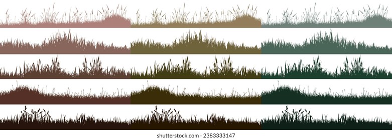 Weidensilhouetten mit Gras, Pflanzen auf der Ebene. Panorama Sommerrasenlandschaft mit Kräutern, Unkraut. Kräutergrenze, Rahmenelement. Grüne horizontale Banner. Vektorgrafik