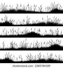 Meadow silhouettes with grass, plants on plain. Panoramic summer lawn landscape with herbs, various weeds. Herbal border, frame element. Black horizontal banners. Vector illustration