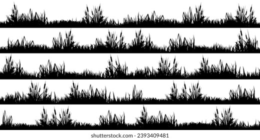 Meadow silhouettes with grass, plants on plain. Panoramic summer lawn landscape with herbs, various weeds. Herbal border, frame element. Black horizontal banners. Vector illustration