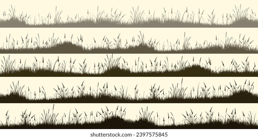 Weidensilhouetten mit Gras, Pflanzen auf der Ebene. Panorama Sommerrasenlandschaft mit Kräutern, Unkraut. Kräutergrenze, Rahmenelement. Braune horizontale Banner. Vektorgrafik